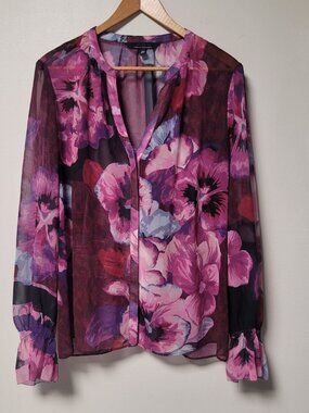 White House Black Market XL Sheer Watercolor Floral Blouse Boho Romantic Flowy